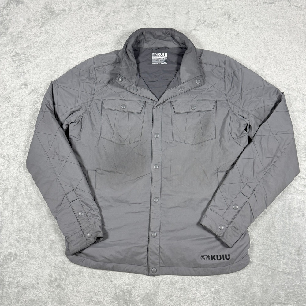 KUIU Mens Medium Base Camp Insulated Jacket Grey Snap Front Toray DWR Quilted